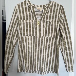 MICHAEL Michael Kors Cream and Olive Green Striped Long-Sleeve Blouse